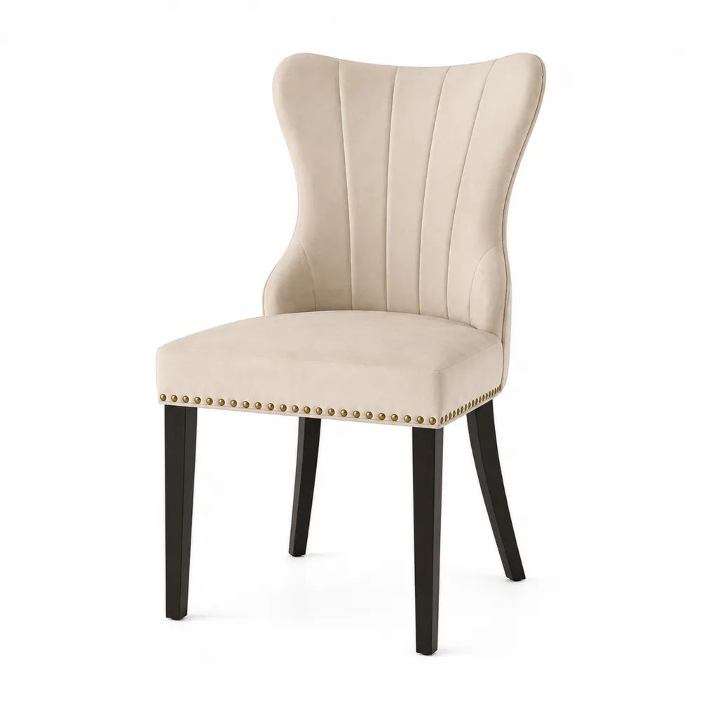 Silla de comedor de terciopelo beige con patas de madera