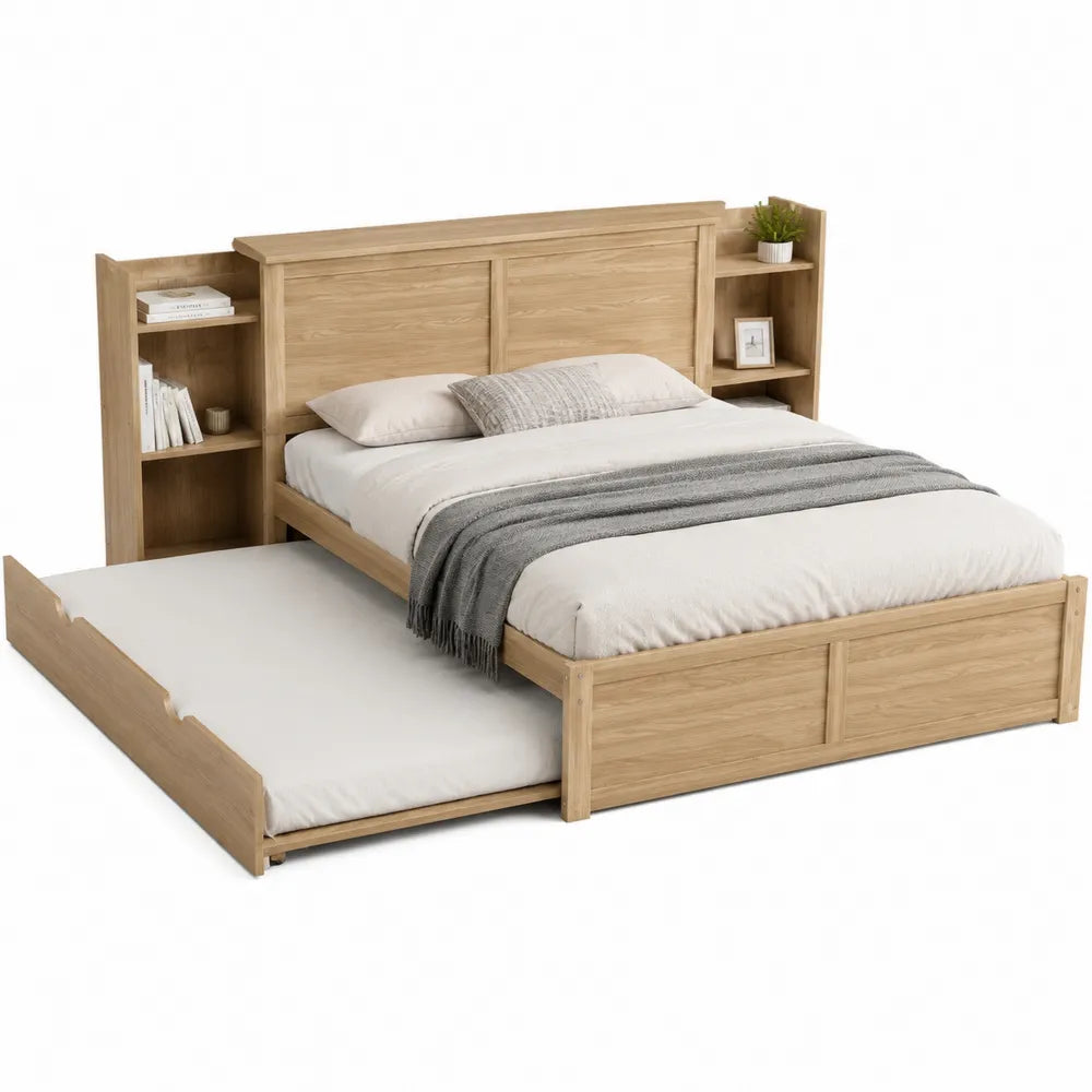 Cama de madera con estantería integrada y cama nido, color roble, dimensiones 200x160 cm