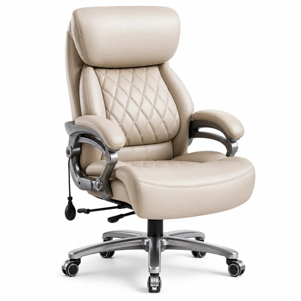 Silla de Oficina Ergonómica de Cuero Sintético Beige con Base de Aleación de Aluminio