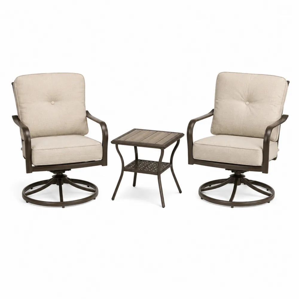 Juego de sillas de metal giratorias y mesa con cojines beige