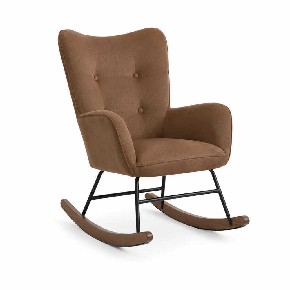 Silla mecedora de poliéster café con estructura de metal y madera
