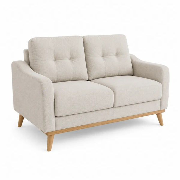 Sofá de 2 plazas beige con estructura de madera y tapizado en poliéster