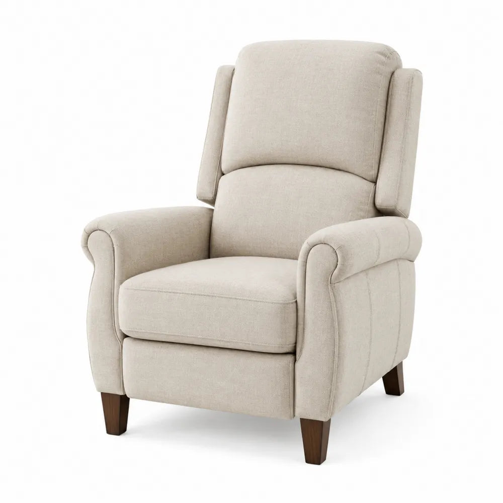 Sillón reclinable de lino beige con patas de madera