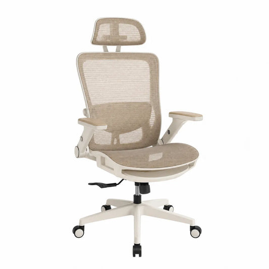 Silla de oficina ergonómica beige con base de polipropileno y malla de poliéster