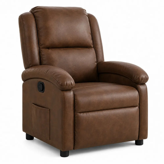 Sillón reclinable de cuero sintético marrón con estructura de madera y metal