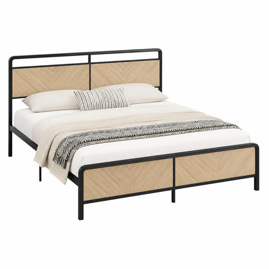 Cama doble de metal negro y madera contrachapada